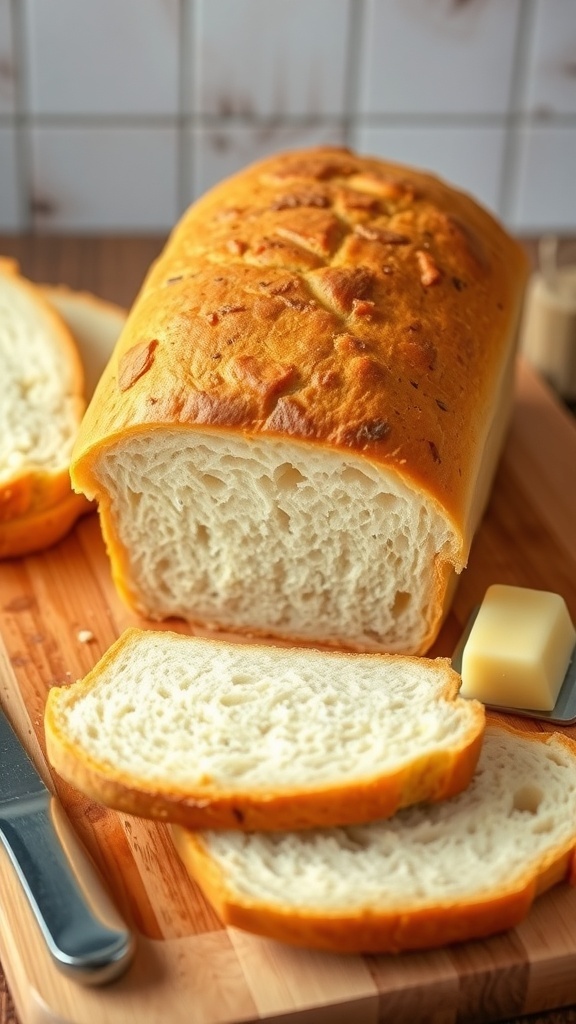 Freshly baked sandwich bread loaf sliced on a wooden board with a butter knife.